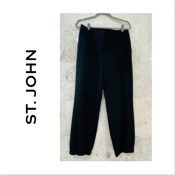 ST JOHN {8} Jogger Pant Black Flat Front Gathered Elastic Ankle - Picture 1 of 6